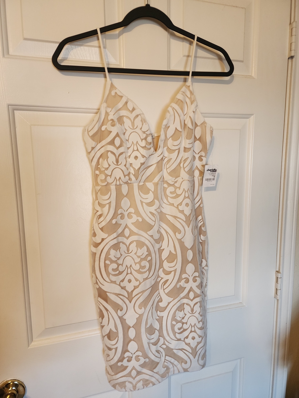 2000s Beige and White Patterned Spaghetti Strap Dress